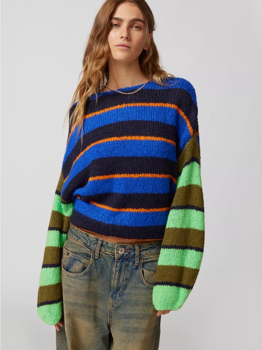 Urban Outfitters Jamie Striped Crewneck Sweater - Blue, Black, Orange, Green
